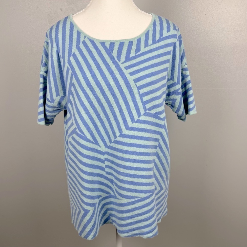 Soft Surroundings Calliope blue green cotton viscose geometric sweater, medium.